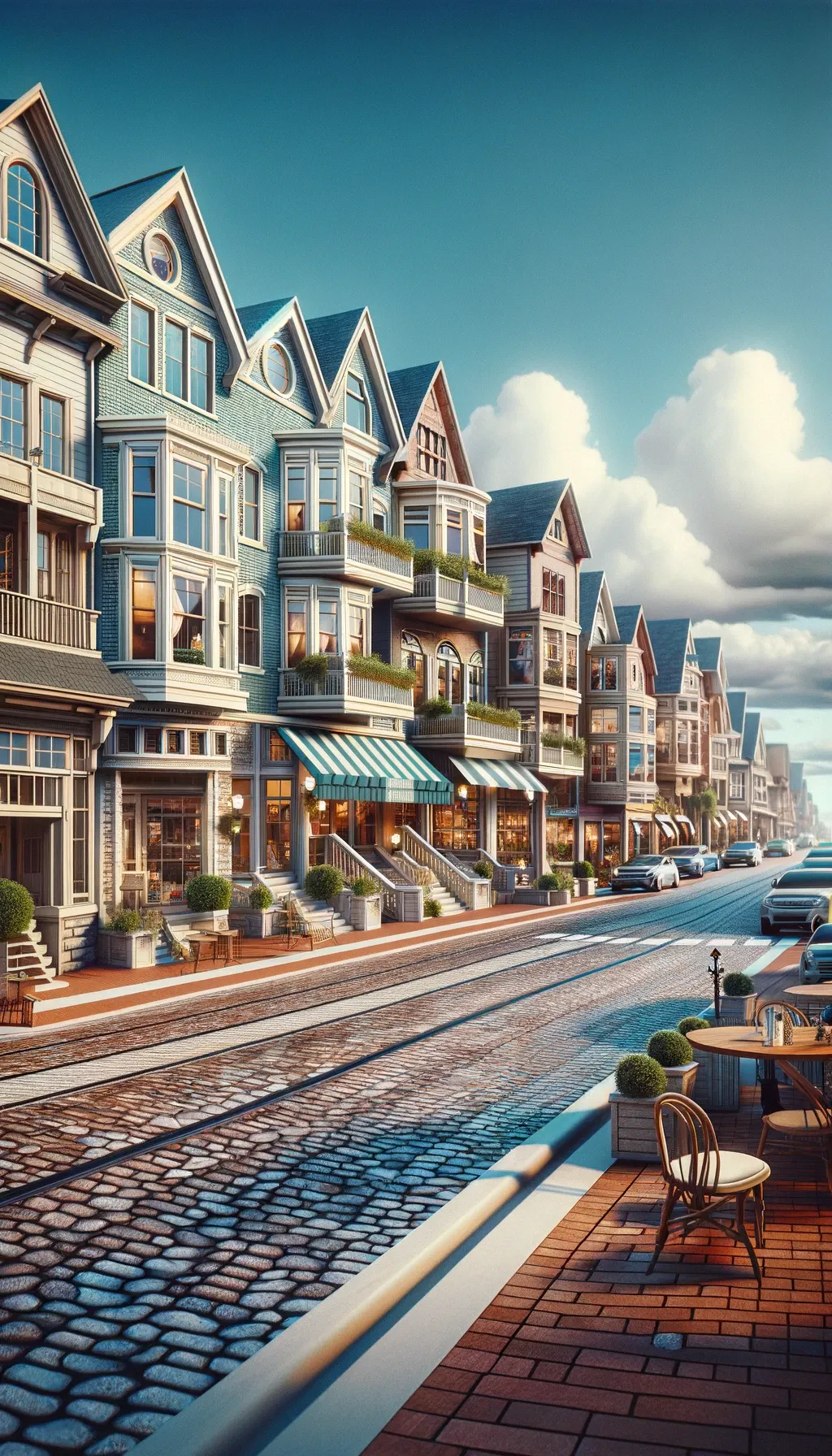 DALLE 2024-04-29 103739 - Reimagine the uploaded street scene in a cottage-like 3-story architecture style suitable for a high-end affluent area in Harbor Springs Michigan