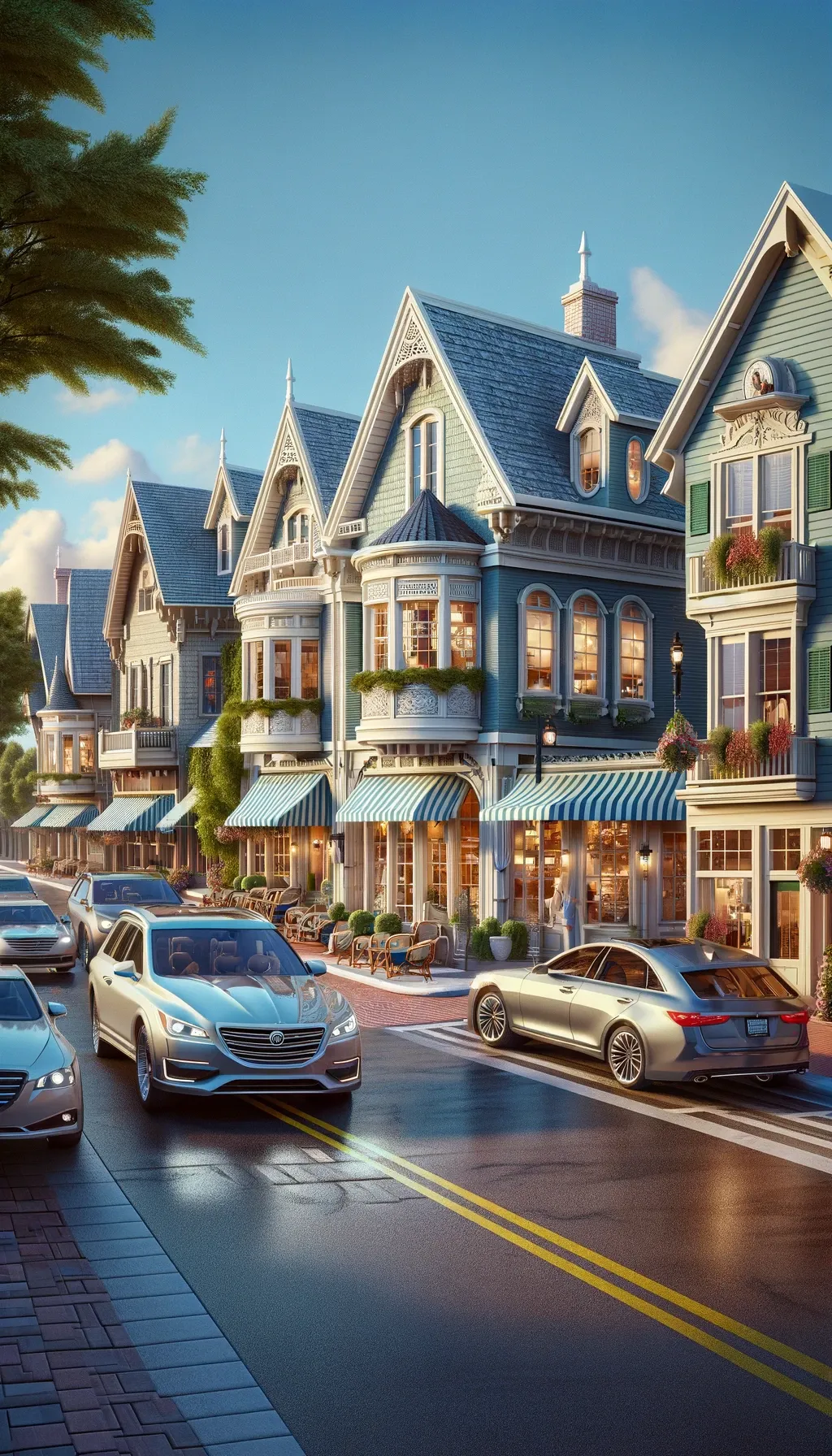 DALLE 2024-04-29 103745 - Modify the uploaded street scene with cottage-like 3-story architecture in keeping with the upscale affluent character of Harbor Springs Michigan