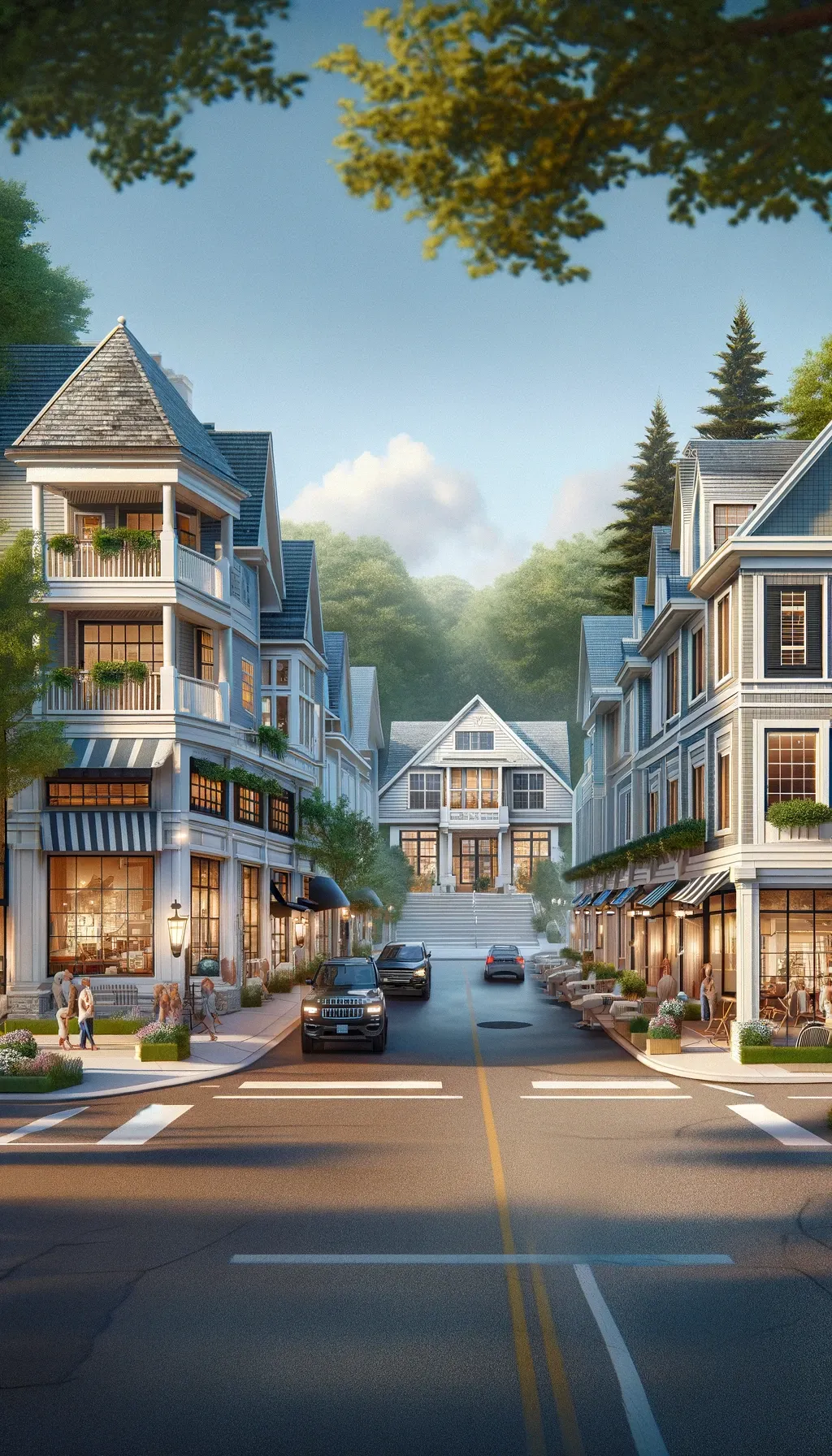 DALLE 2024-04-29 103806 - Remodel the street in the provided image to align with the luxurious cottage-like 3-story architectural style of Harbor Springs Michigan The first