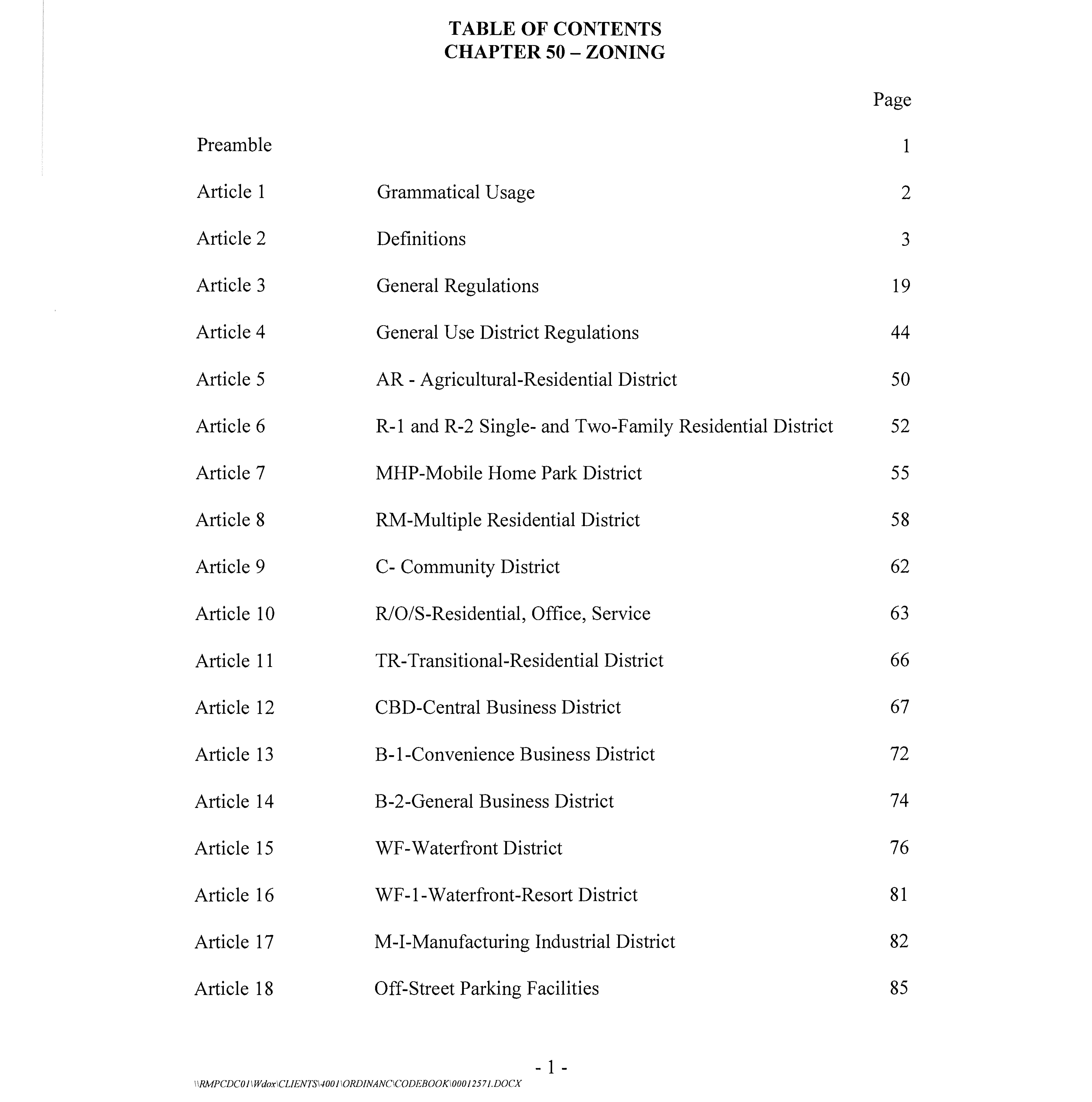 INDEX of the 2005 Zoning Code as amended through 2022 - Article by article